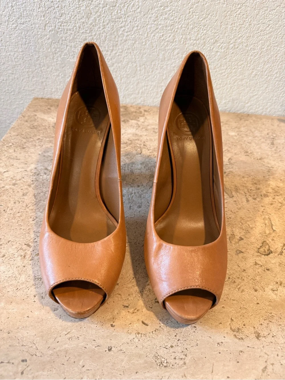 TORY BURCH Peep-Toe Block Heel Leather Pumps w/ Gold Heel Detail